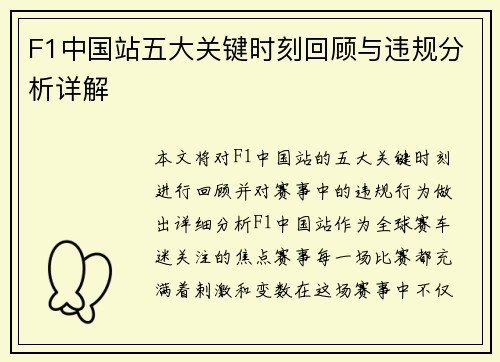 F1中国站五大关键时刻回顾与违规分析详解